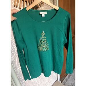 Green Long Sleeve Christmas Tree Holiday Jewel Ornament Sparkly Top